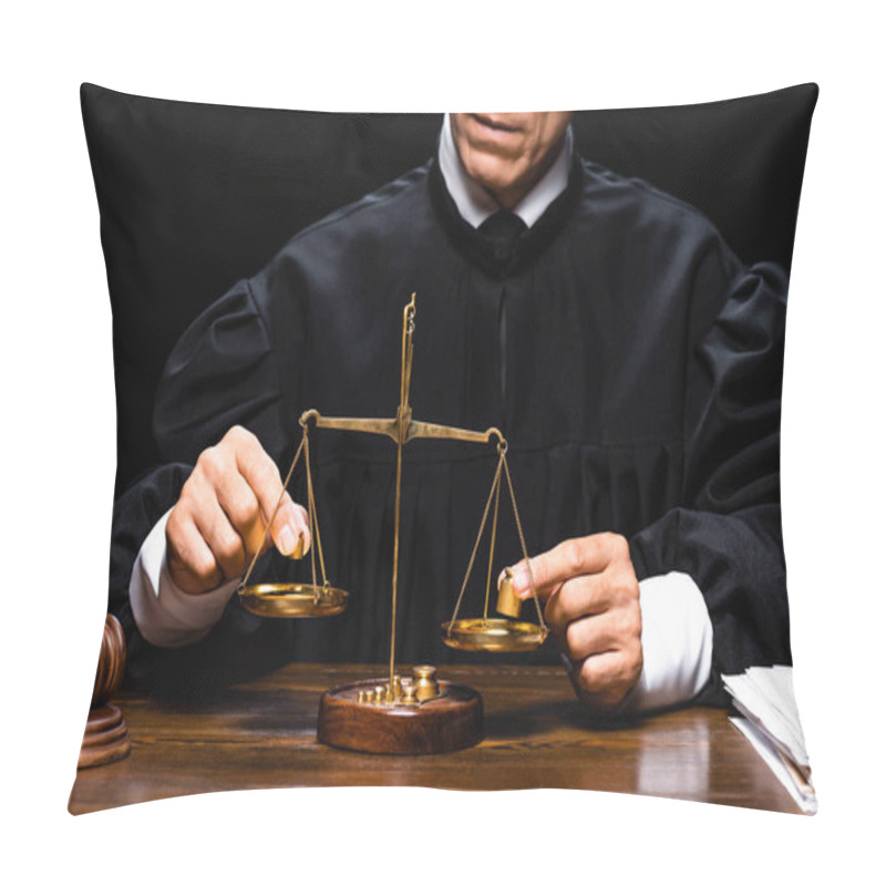 Personality  Cropped View Of Judge In Judicial Robe Sitting At Table And Holding Scales Of Justice Isolated On Black Pillow Covers