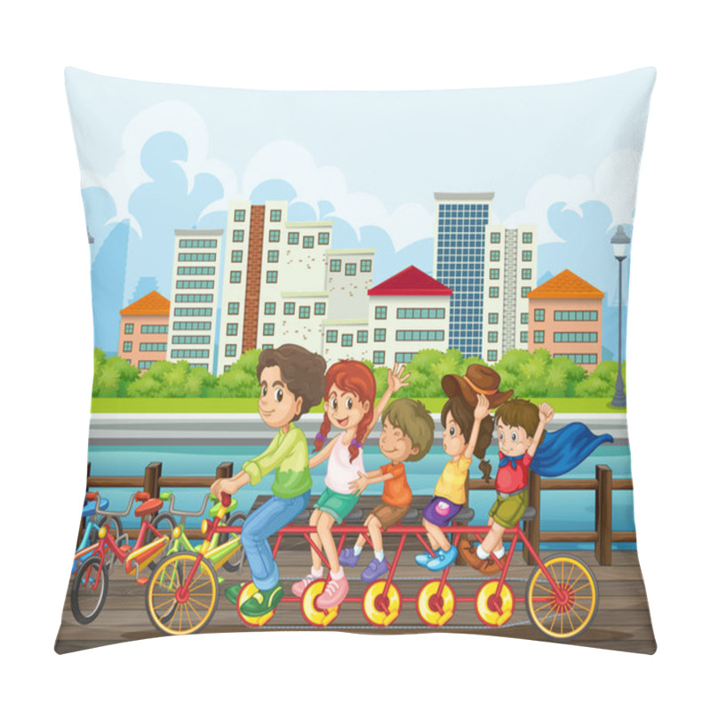 Personality  A Family Riding Tandem Bike At The Park Illustration Pillow Covers