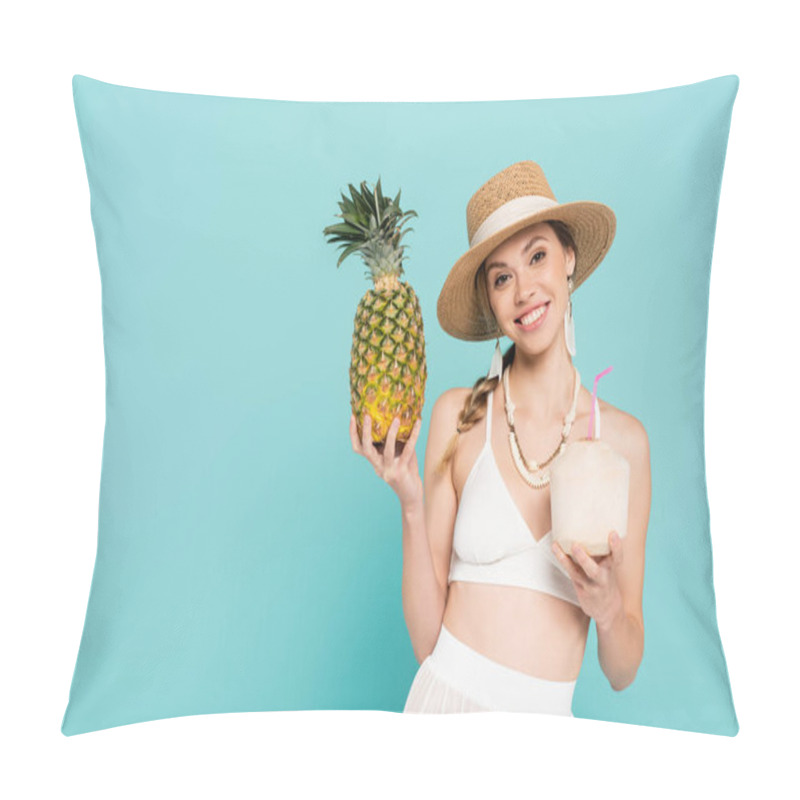 Personality  Pretty Woman In Sun Hat Holding Pineapple And Cocktail In Coconut Isolated On Blue  Pillow Covers