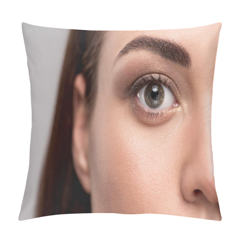 Personality  Close Up View Of Eye On Female Face, Isolated On Grey Pillow Covers