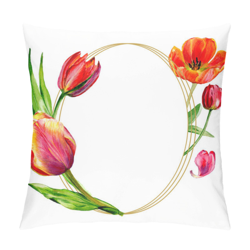 Personality  Amazing Red Tulip Flowers With Green Leaves. Hand Drawn Botanical Flowers. Watercolor Background Illustration. Frame Round Border Ornament. Geometric Quartz Polygon Crystal Stone. Pillow Covers