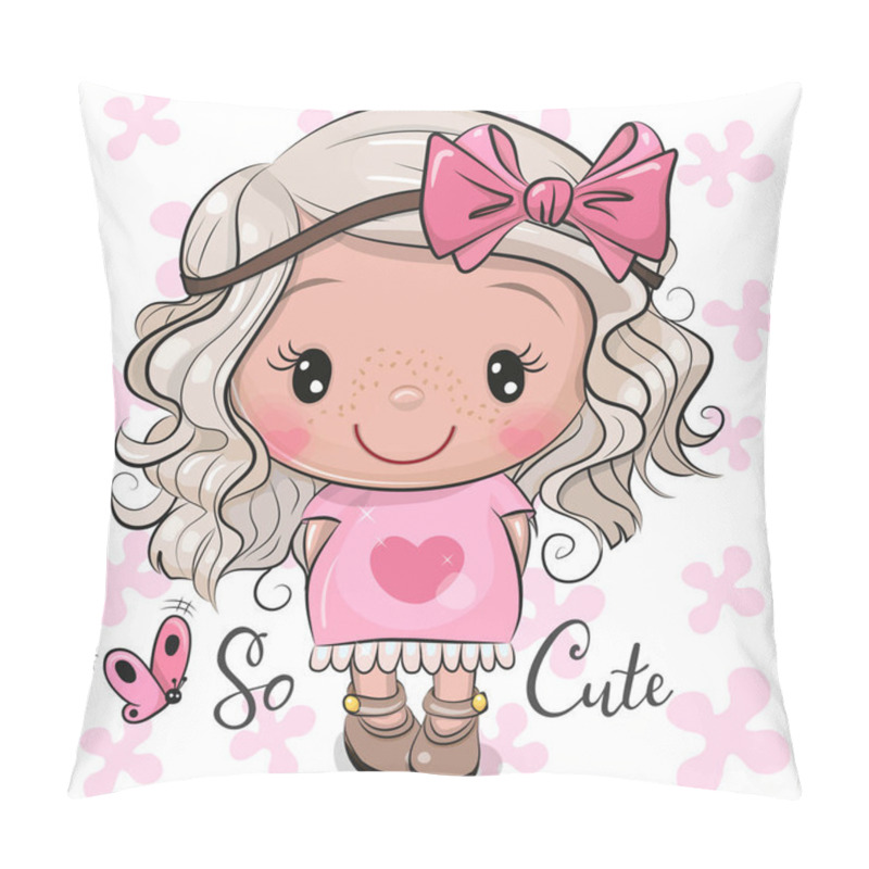 Personality  Cute Cartoon Girl In A Pink Dress With Bow Pillow Covers