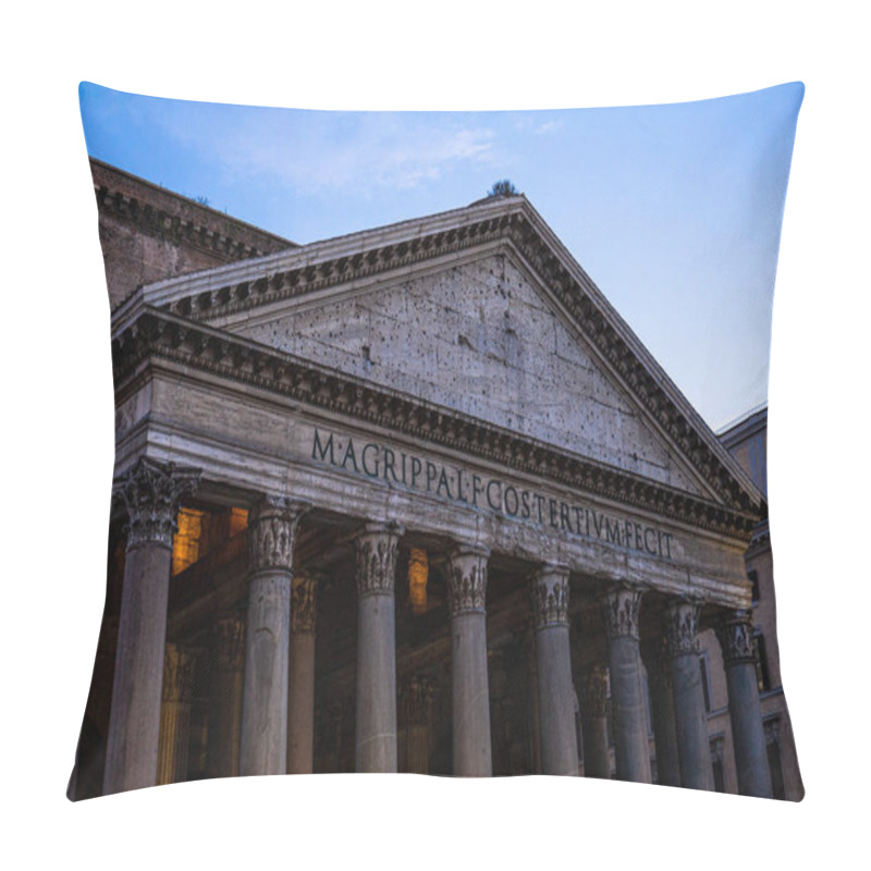 Personality  ROME, ITALY - JUNE 28, 2019: Ancient Pantheon With Columns Under Blue Sky Pillow Covers