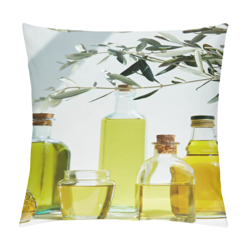 Personality  Various Bottles Of Aromatic Olive Oil, Branches And Jar On White Table Pillow Covers