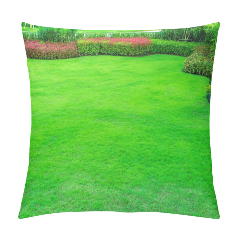 Personality  Garden With Fresh Green Grass Both Shrub And Flower Front Lawn Background, Garden Landscape Design Fresh Grass Smooth Lawn With Curve Form Bush In House's Garden Care. Pillow Covers