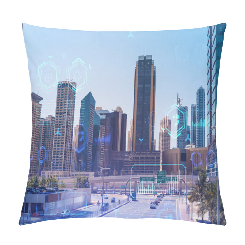 Personality  Cityscape Skyscrapers Of Downtown, UAE. Modern Skyline Of The Capital Of The Emirate Of Dubai. Tech In Transport Concept. Double Exposure. Pillow Covers