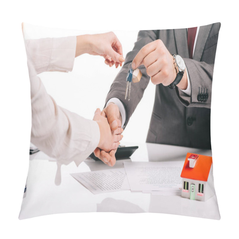 Personality  Cropped View Of Mortgage Broker Shaking Hands With Woman And Holding Keys Isolated On White, Mortgage Concept Pillow Covers