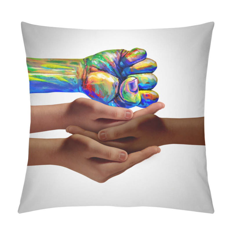 Personality  Community Protest Support And Protester Social Help And Diversity Partnership As A Hand In A Fist Supported By Diverse People As A Nonviolent Resistance Symbol Of Justice In A 3D Illustration Style. Pillow Covers