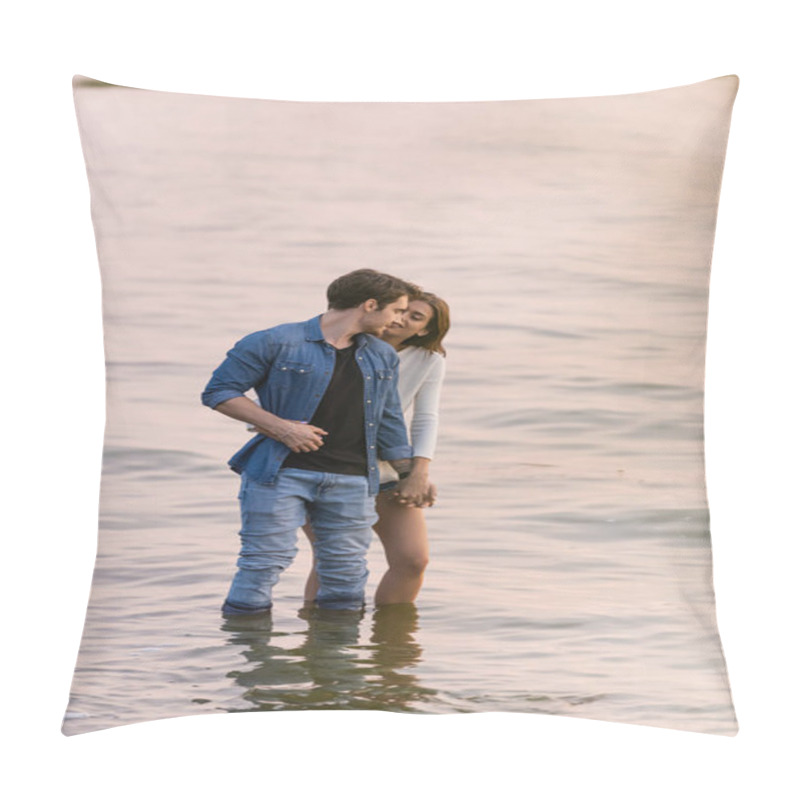 Personality  Young Couple Holding Hands While Standing In Sea Water At Sunset  Pillow Covers