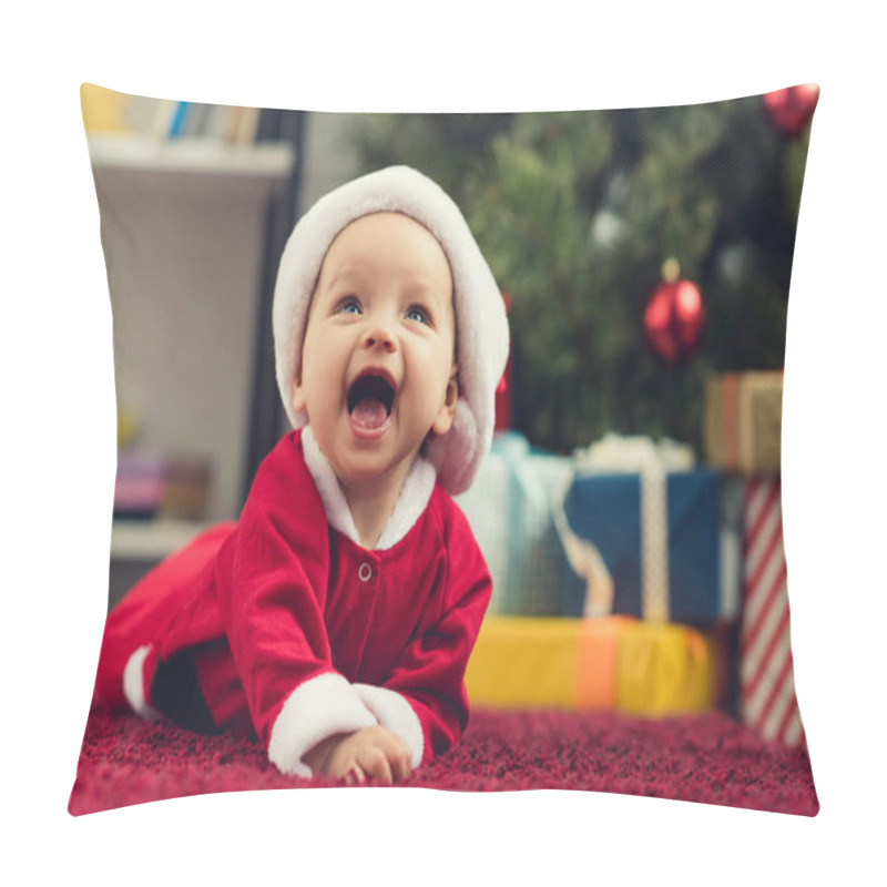 Personality  Close-up Portrait Of Laughing Little Baby In Santa Suit Lying On Red Carpet In Front Of Christmas Tree And Gifts Pillow Covers