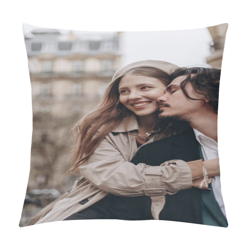 Personality  A Couple In Love Walks Along The Streets Of Paris, A Guy In A Coat And A Suit, A Girl In A Dress With A Beret And A Trench Coat In Autumn Pillow Covers