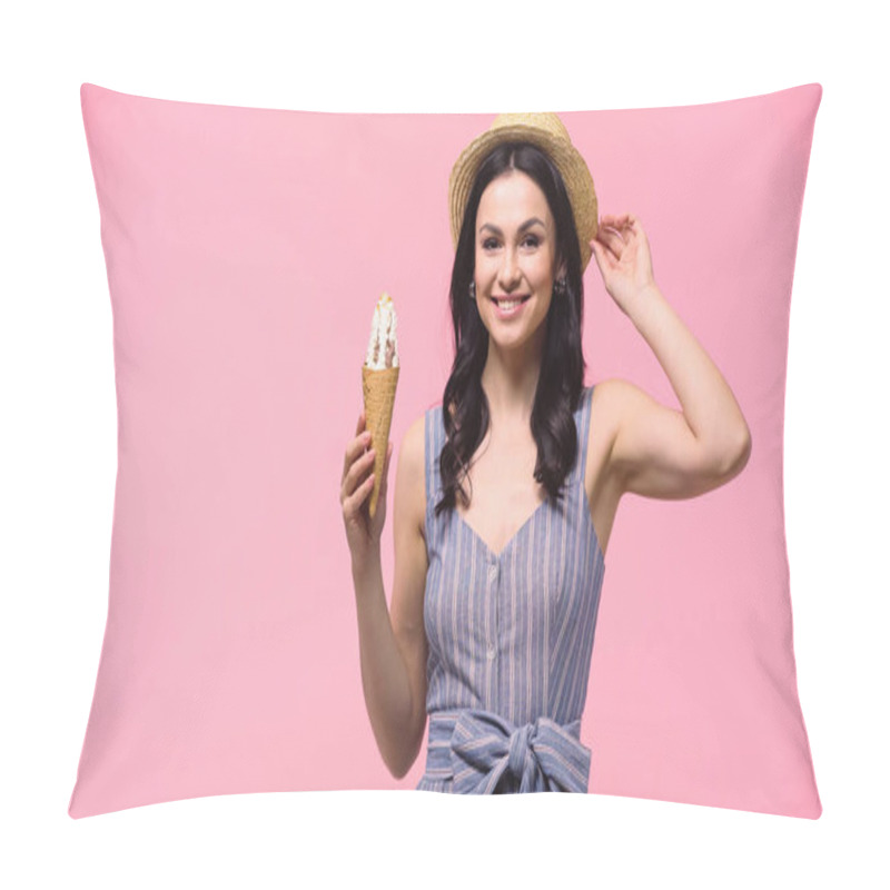 Personality  Cheerful Woman In Sun Hat Holding Ice Cream And Looking At Camera Isolated On Pink  Pillow Covers