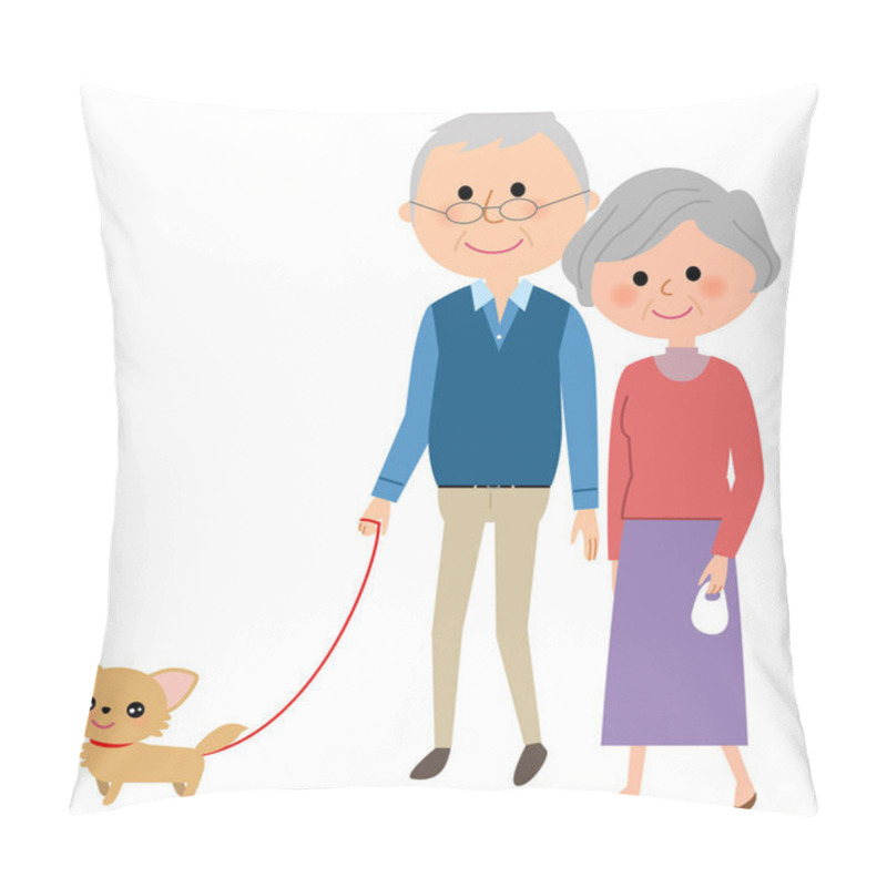 Personality  Elderly Couple, Walk With A Dog/Illustration Of A Senior Couple Walking A Dog. Pillow Covers