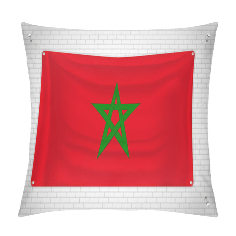 Personality  Morocco Flag Hanging On Brick Wall. 3D Drawing. Flag Attached To The Wall. Neatly Drawing In Groups On Separate Layers For Easy Editing. Pillow Covers