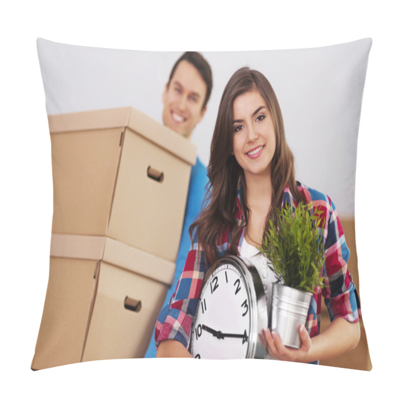 Personality  Young Couple Moving In Their Home Pillow Covers