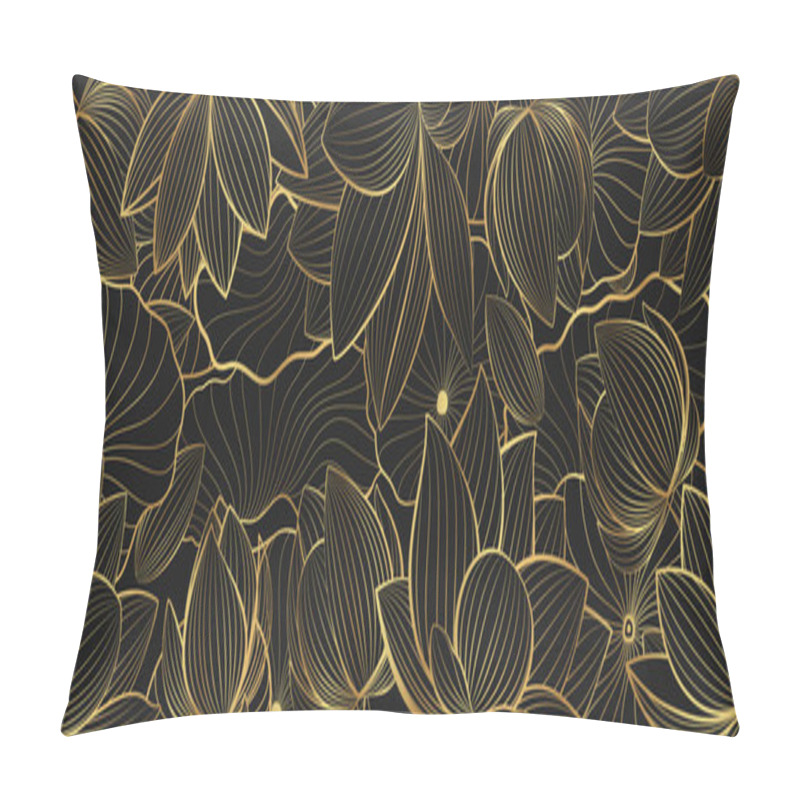 Personality  Vector Banner With Golden Lotus Flowers On A Black Background. Line Art Style. Pillow Covers