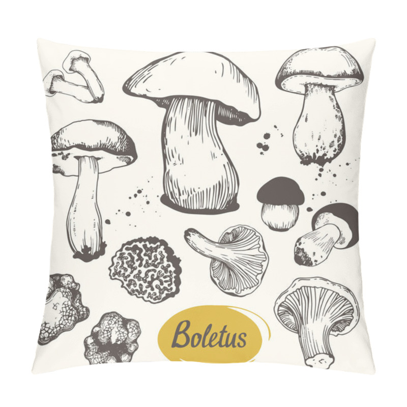 Personality  Vector Illustration With Set Of Mushrooms In Sketch Style. Hand-drawn Milk Caps, Chanterelle, Illustration, Morel And Gyromitra On White Background. Autumn Forest Harvest. Pillow Covers