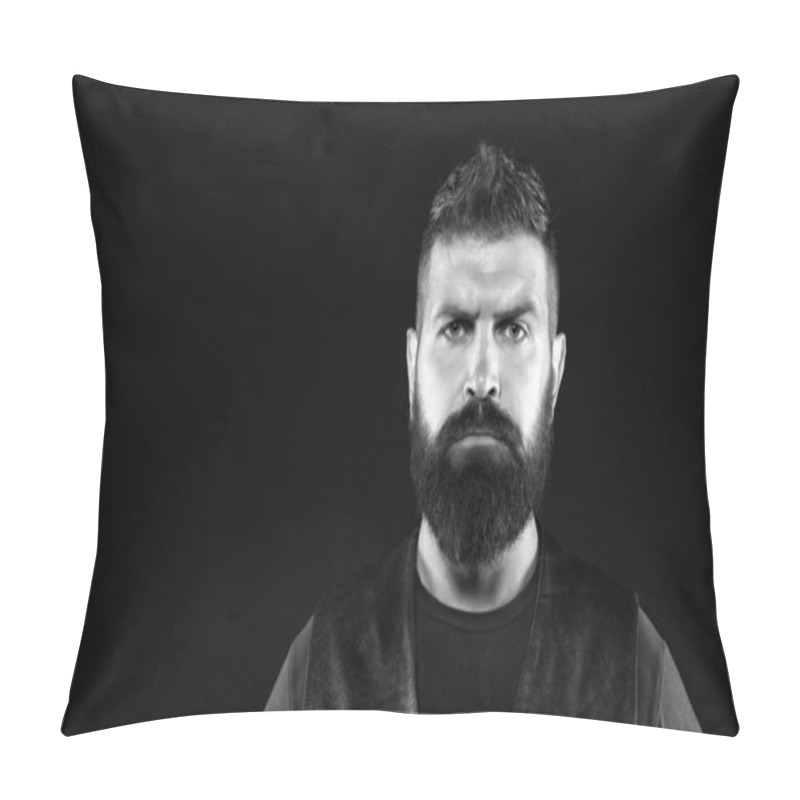 Personality  Barbershop Concept. Grow Mustache. Strict Mature Face. Facial Hair. Male Face. Handsome Face. Fashion Model. Man With Beard In Black Leather Clothes. Man Confident And Brutal Style Black Background Pillow Covers