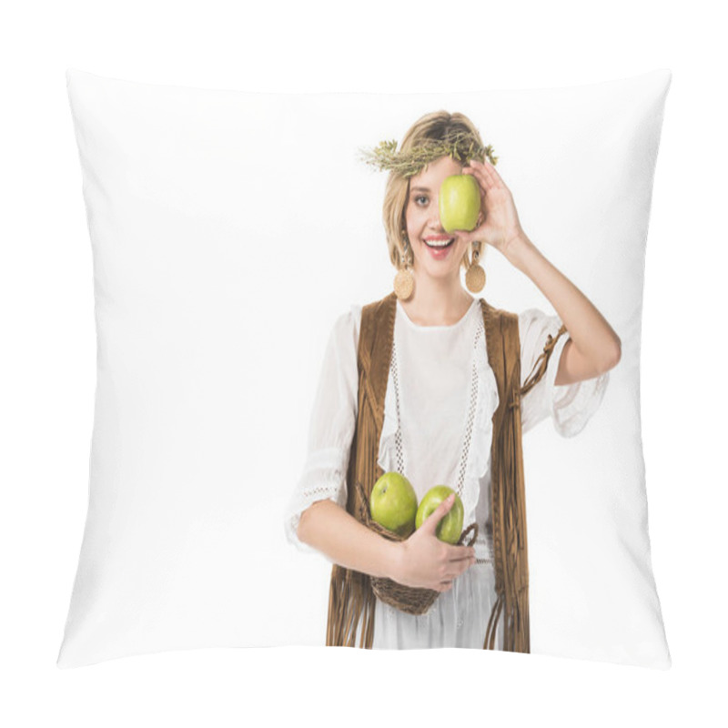 Personality  Pretty Boho Girl In Wreath With Ripe Apples Isolated On White Pillow Covers