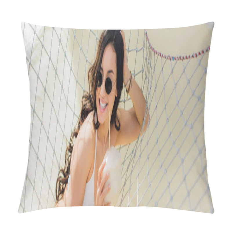 Personality  Panoramic Shot Of Beautiful Smiling Girl In Sunglasses With Coconut Cocktail Lying In Hammock On Beach Pillow Covers