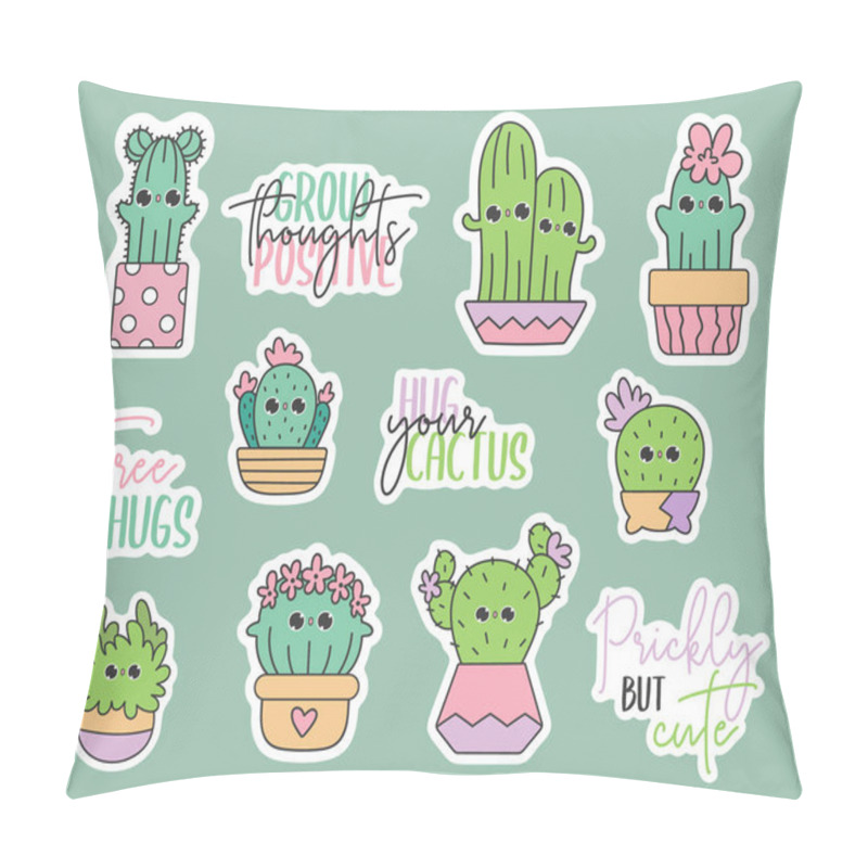 Personality  Cute Vector Stickers Pack Of Kawaii Doodles Cactus In Pots. Baby Cacti Kids Illustration In Cartoon Style. Succulents Gardening Homeplants. Pillow Covers