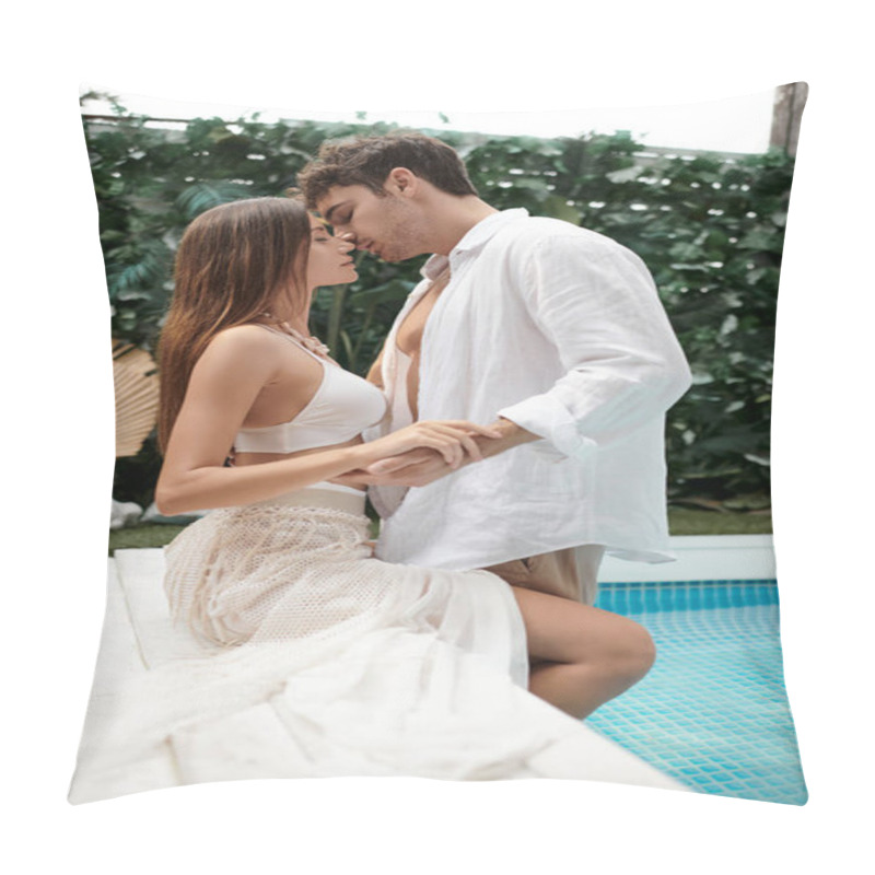 Personality  Sexy Couple Sitting At Poolside And Hugging During Vacation In Luxury Resort, Before Kiss Moment Pillow Covers