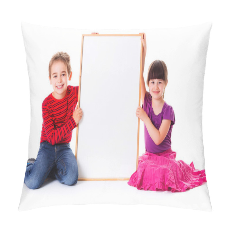 Personality  Cute Girl And Boy Sitting Near Blank Ad Pillow Covers