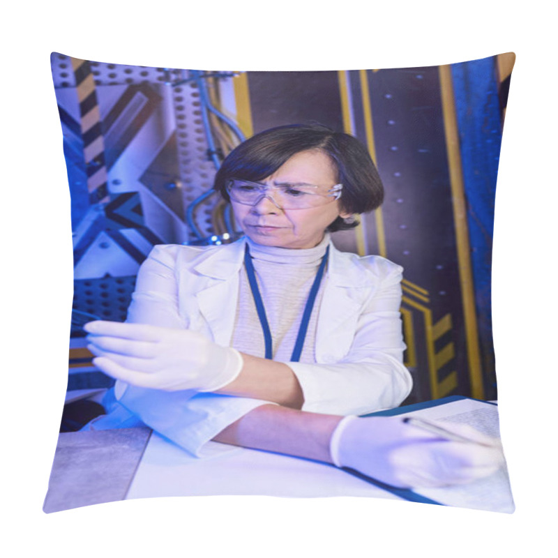 Personality  Exploring Universe, Woman Scientist In Goggles Looking At Litmus Paper In Experimental Laboratory Pillow Covers