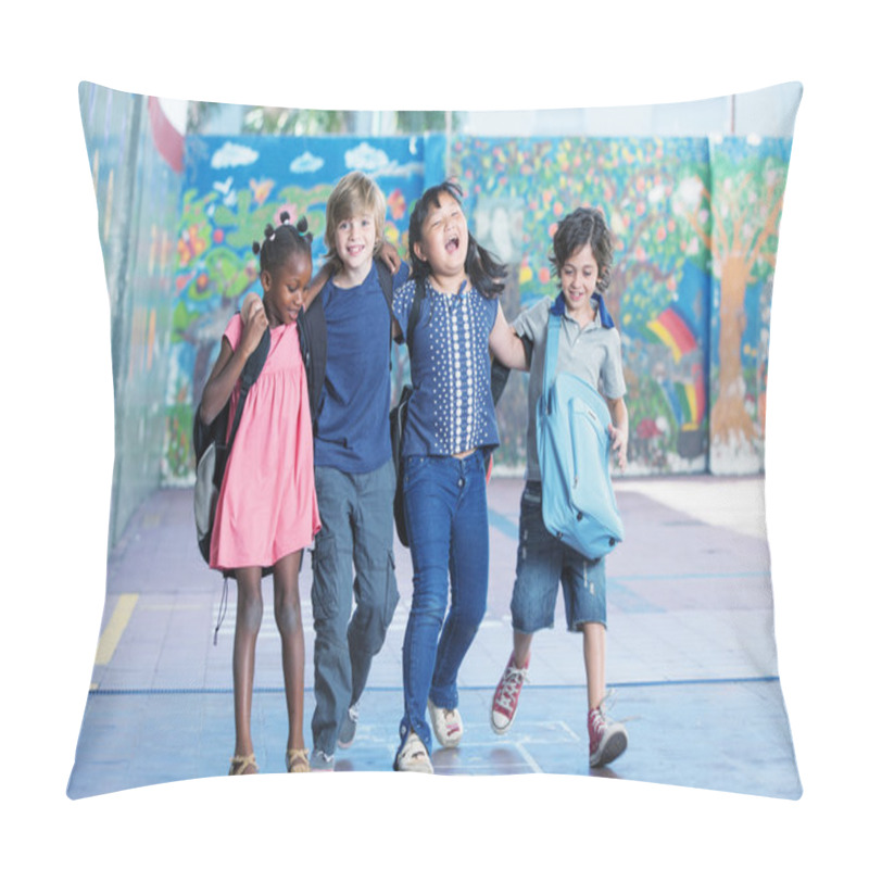 Personality  Happy Kids Embracing And Smiling In The Elementary Schoolyard. I Pillow Covers