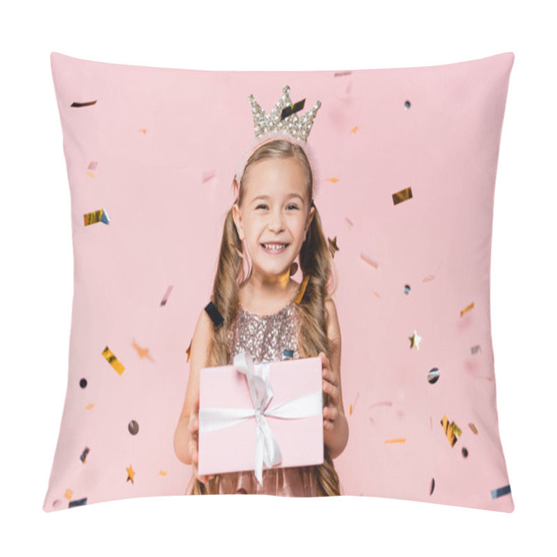 Personality  Happy Little Girl In Crown Holding Present Near Falling Confetti On Pink  Pillow Covers