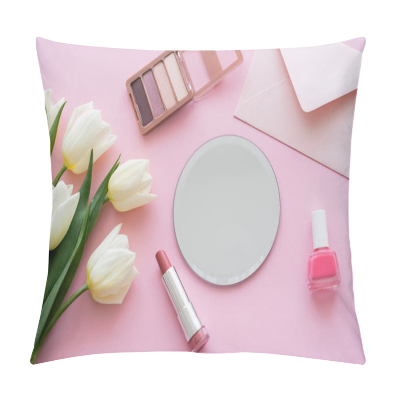 Personality  Top View Of White Tulips Near Envelope And Decorative Cosmetics On Pink Pillow Covers