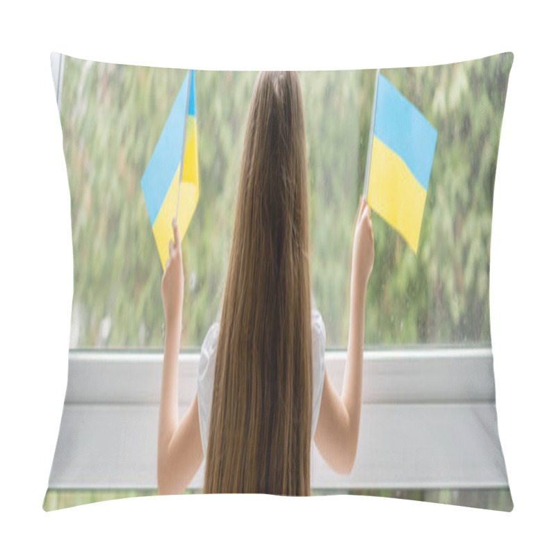 Personality  Back View Of Girl With Long Hair Holding Small Ukrainian Flags Near Window, Banner Pillow Covers