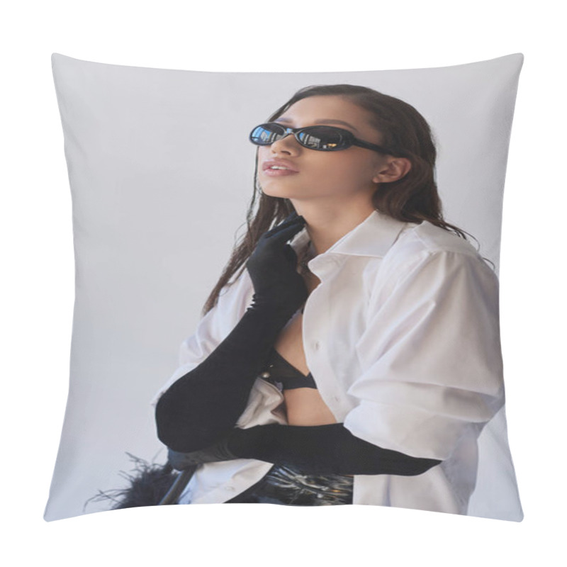 Personality  Bold Style, Trendy Look, Asian Woman In Sunglasses Posing With Feathered Handbag On Grey Background, Young Model In Black Gloves And White Shirt, Fashion Concept, Personal Style  Pillow Covers