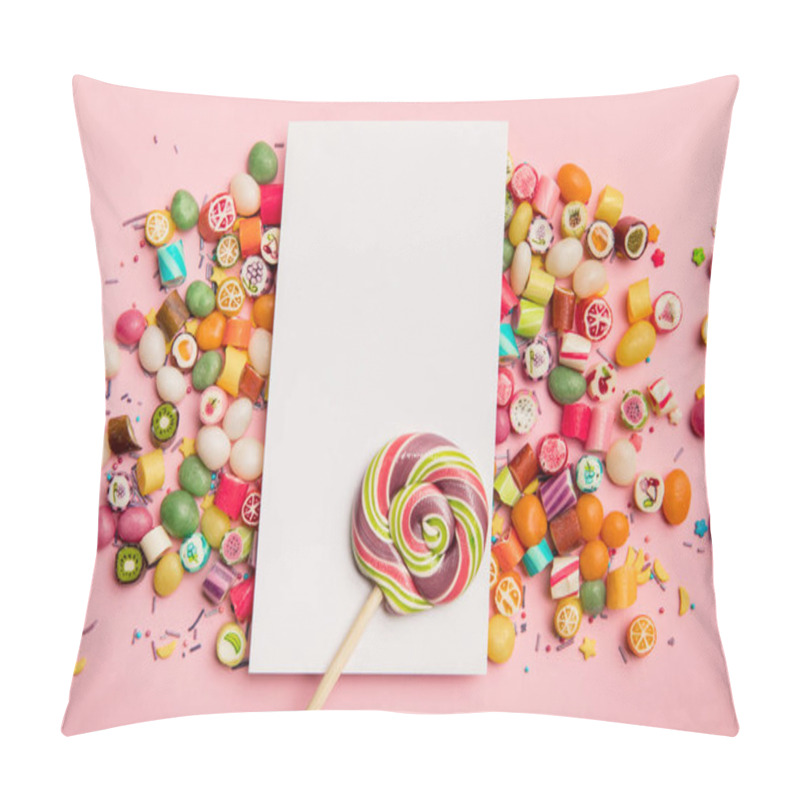 Personality  Top View Of Delicious Candies, Lollipop And White Card With Copy Space On Pink Background Pillow Covers