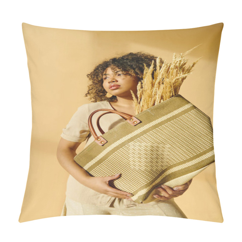 Personality  A Beautiful Young African American Woman With Curly Hair Holds A Basket Brimming With Wheat Stalks, Exuding A Serene Presence. Pillow Covers