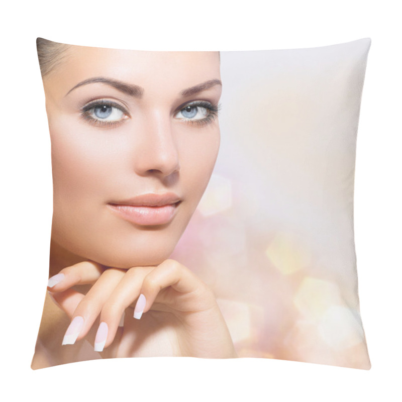 Personality  Beauty Portrait. Beautiful Spa Woman Touching Her Face Pillow Covers