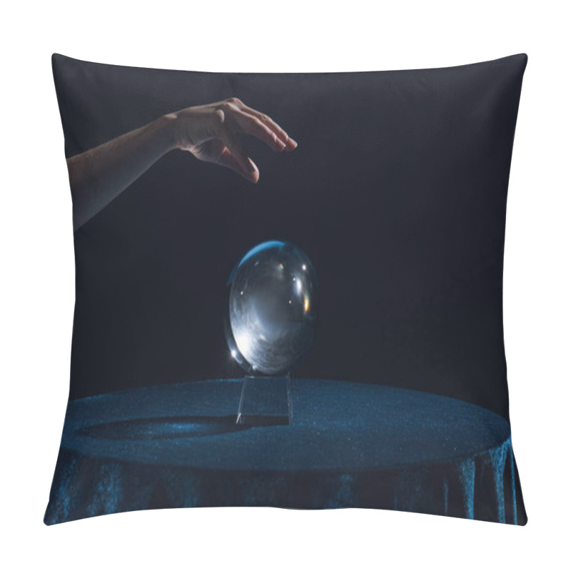 Personality  Cropped View Of Female Hand Above Crystal Ball On Table Isolated On Black Pillow Covers