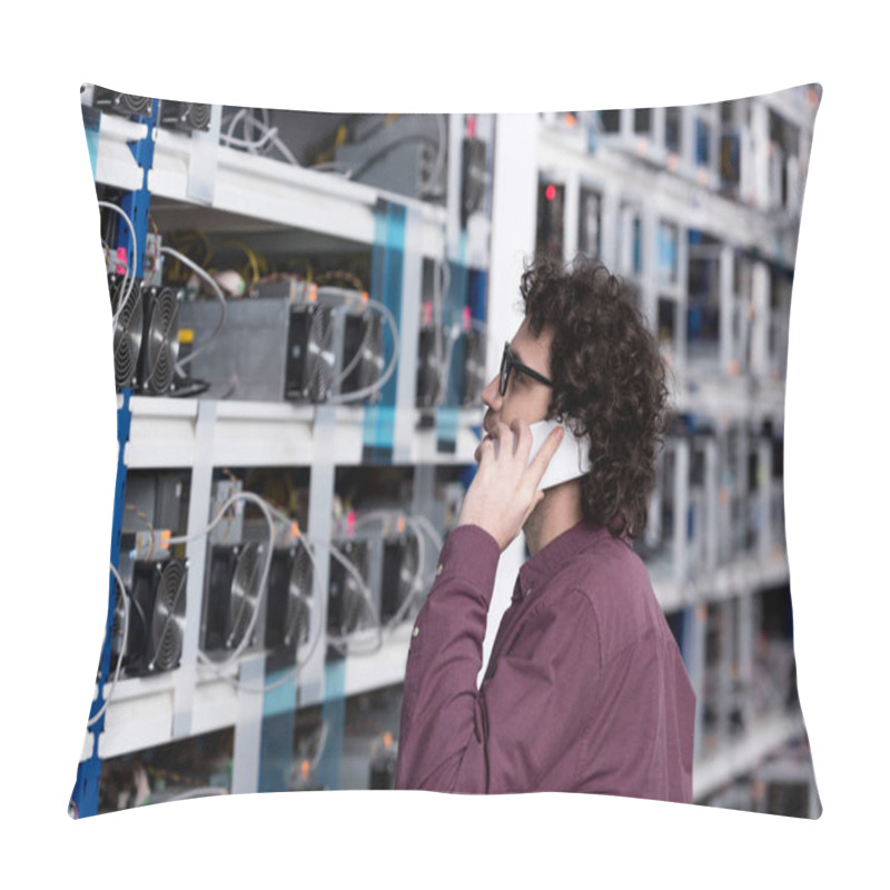 Personality  Young Computer Engineer Talking By Phone At Ethereum Mining Farm Pillow Covers