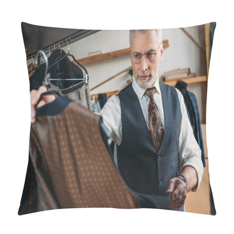 Personality  Handsome Mature Tailor Examining Clothes At Sewing Workshop Pillow Covers