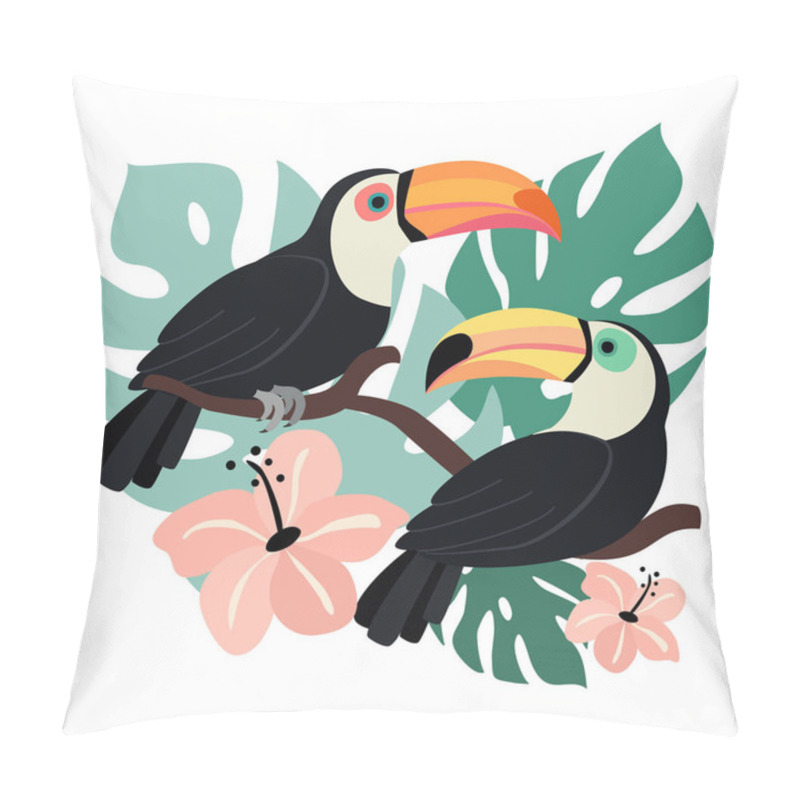 Personality  Stylized Summer Illustration With Toucans And Tropical Leaves. Vector Template. Pillow Covers