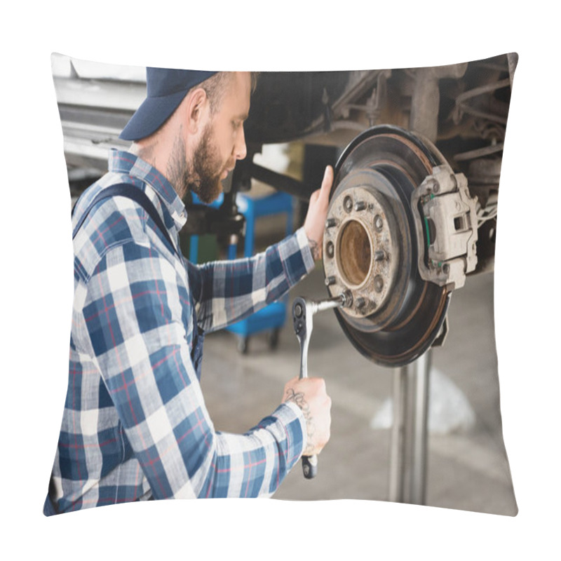 Personality  Mechanic Fixing Wheel Hub With Wrench On Automobile, Raised On Car Lift Pillow Covers