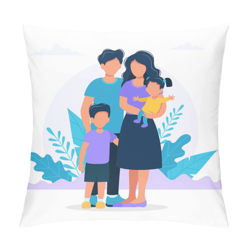 Personality  Family With Children. Mother, Father, Boy And Little Girl, Family Photo. Vector Illustration In Flat Style Pillow Covers