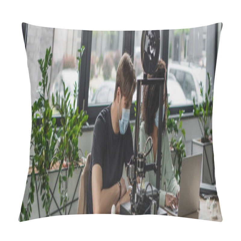 Personality  Interracial Colleagues In Medical Masks Working With Laptop Near 3D Printer In Modern Office, Banner Pillow Covers