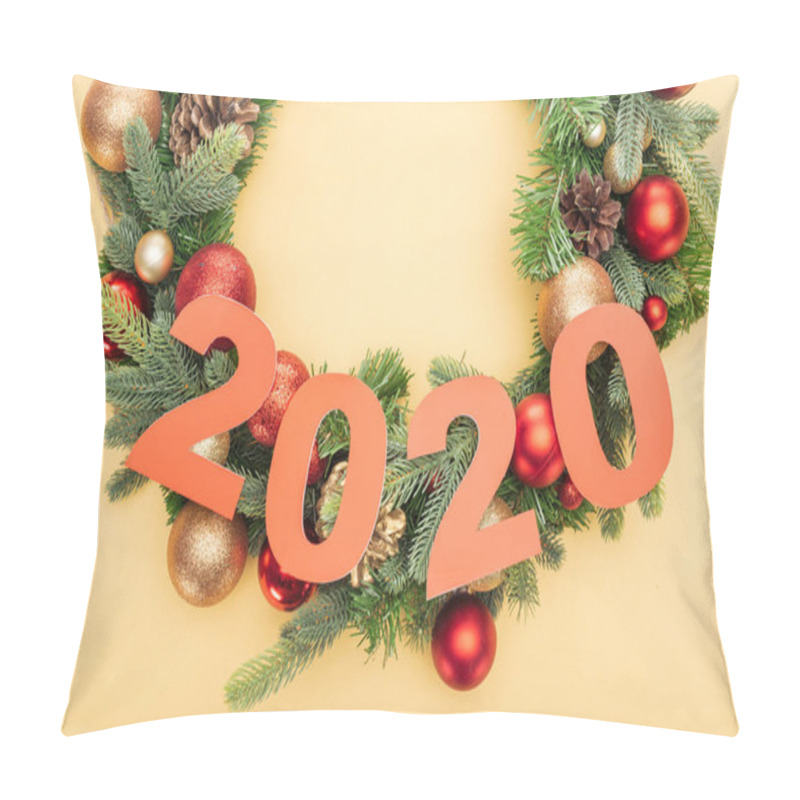 Personality  Top View Of Paper 2020 Numbers On Christmas Wreath With Baubles On Yellow Background Pillow Covers