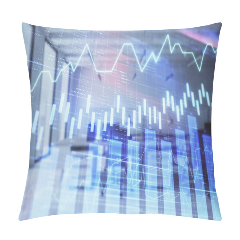 Personality  Stock And Bond Market Graph With Trading Desk Bank Office Interior On Background. Multi Exposure. Concept Of Financial Analysis Pillow Covers