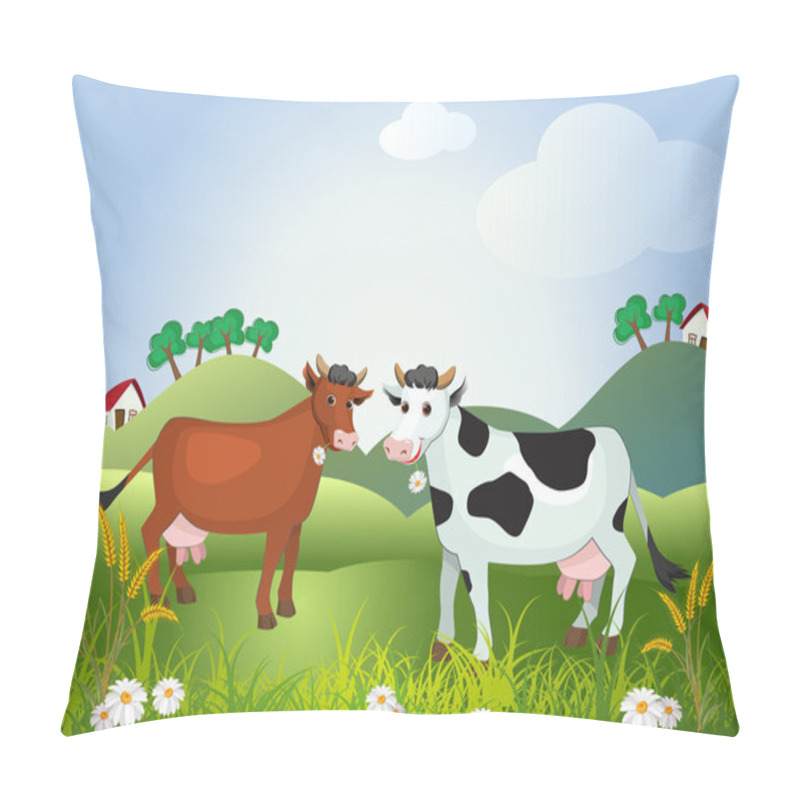 Personality  Two Cows On Meadow Fields Pillow Covers