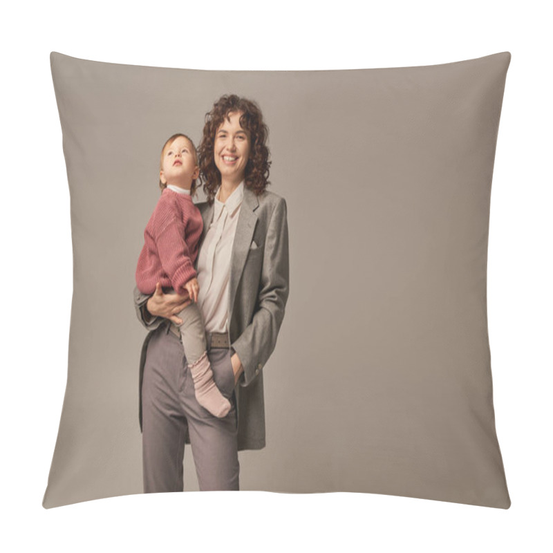 Personality  Work Life Balance Concept, Cheerful Woman In Suit Holding Daughter And Standing With Hand In Pocket On Grey Background, Career And Family, Loving Motherhood, Empowered Woman, Confident Leader  Pillow Covers