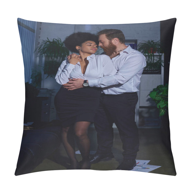 Personality  Full Length Of Stylish Interracial Couple In Formal Wear Embracing In Office, Romantic Encounter Pillow Covers