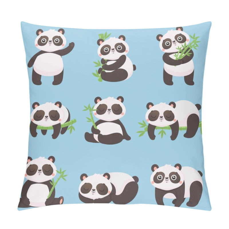 Personality  Cartoon Panda Kids. Little Pandas, Funny Animals With Bamboo And Cute Sleeping Panda Bear Vector Illustration Set Pillow Covers