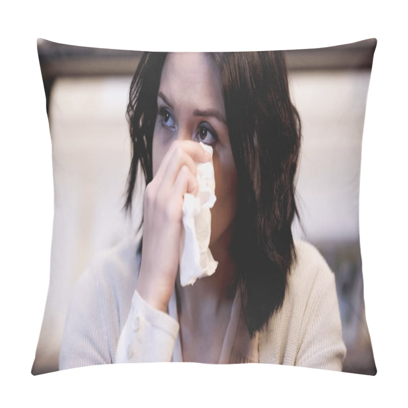 Personality  Crying Brunette Woman Wiping Tears With Paper Napkin At Home Pillow Covers